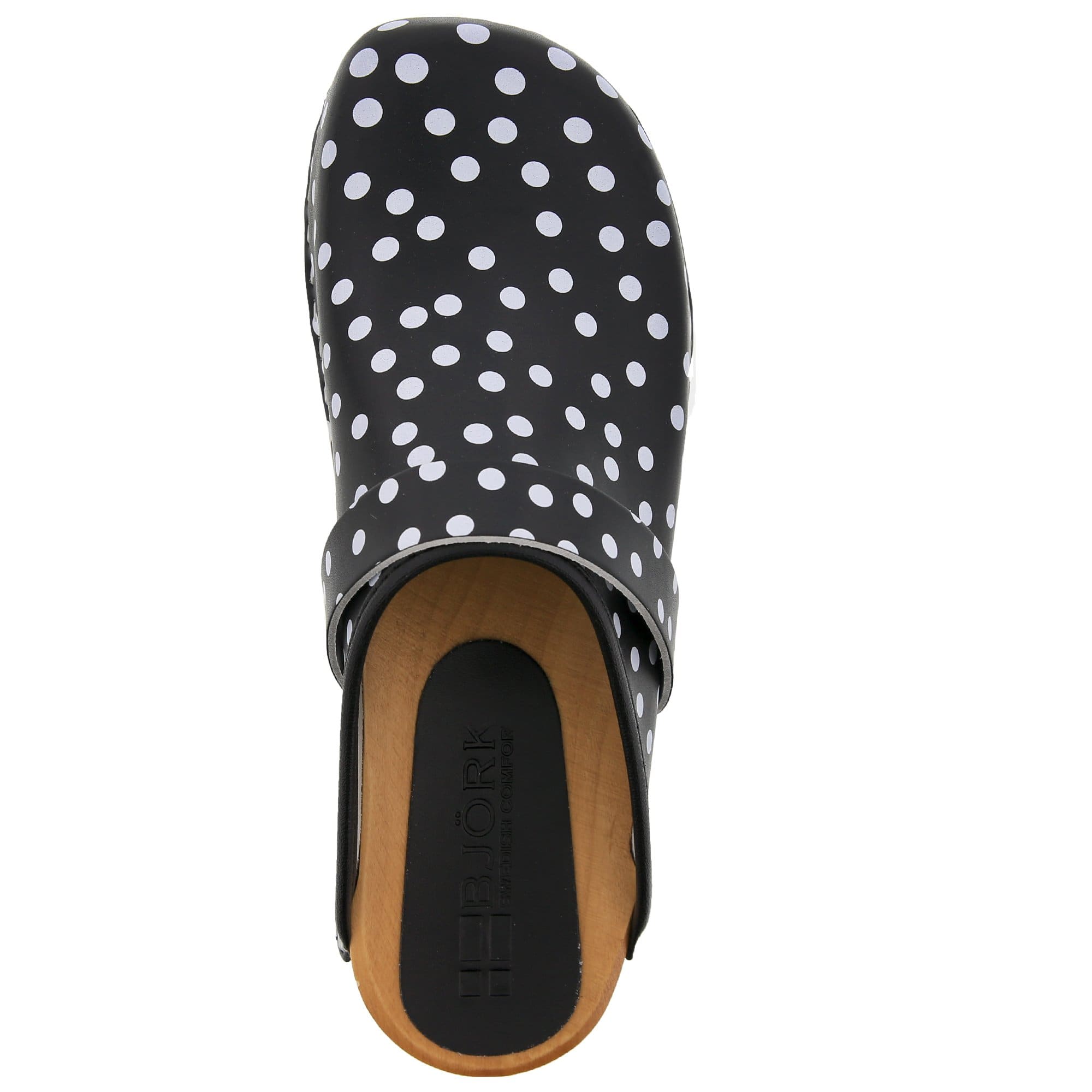 BJORK Emma Wood Open Back Black Polka Dots Leder Clogs - CLOSEOUT