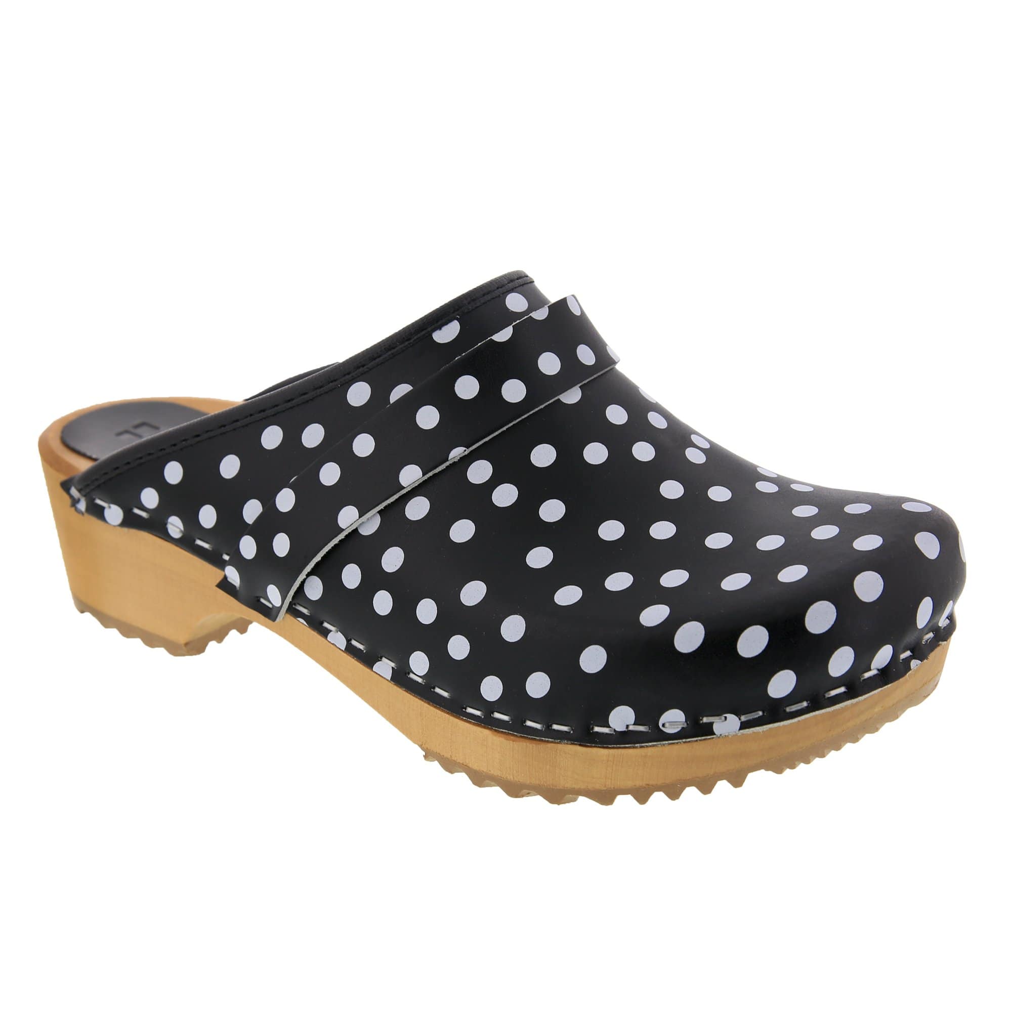 BJORK Emma Wood Open Back Black Polka Dots Leder Clogs - CLOSEOUT