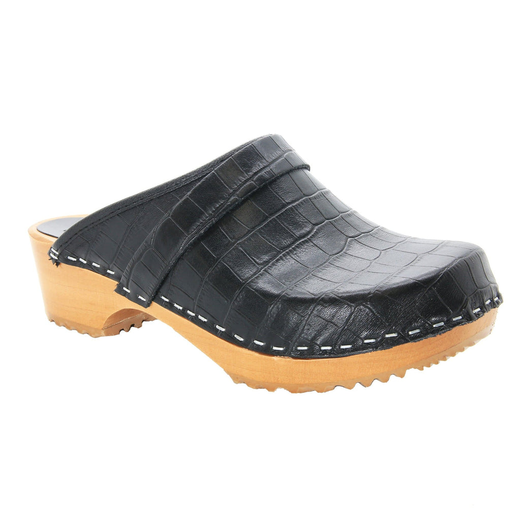 BJORK Maja Wood Open Back Black Croco Print Lederklötze - CLOSEOUT